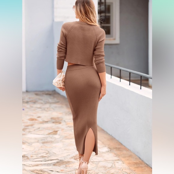 Amazon 2 Piece Sweater Set Rib Knit Long Sleeve Crop Top Maxi Bodycon Skirt - Picture 4 of 10